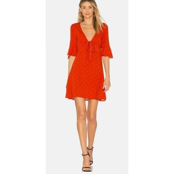 Free People Mini Dress Vneck Polka Dot All Yours Flame Orange Combo Womens 4 New - Picture 1 of 12